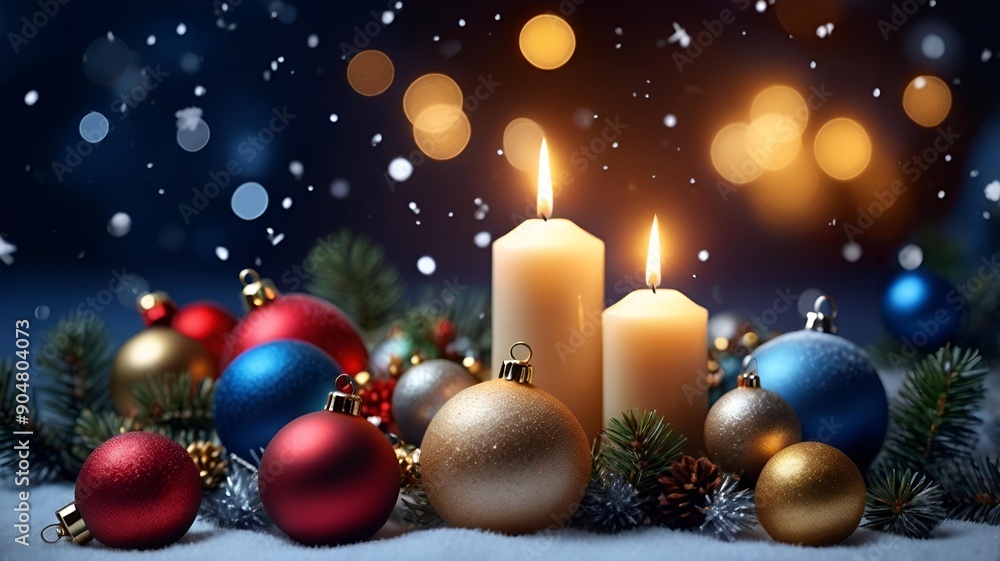 Christmas decoration with burning candles and baubles on snow. Christmas background. Christmas decoration with burning candles and baubles on snow. Christmas background.