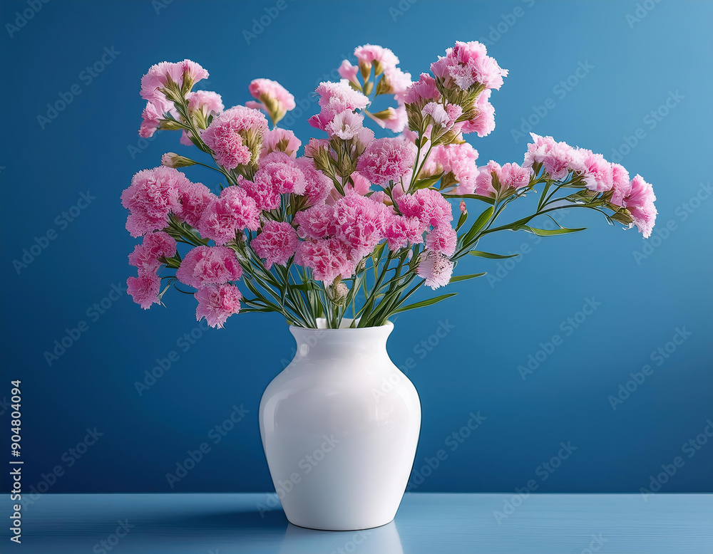 Fototapeta premium pink limonium sinuatum flowers in a simple white vase against blue background with copy space