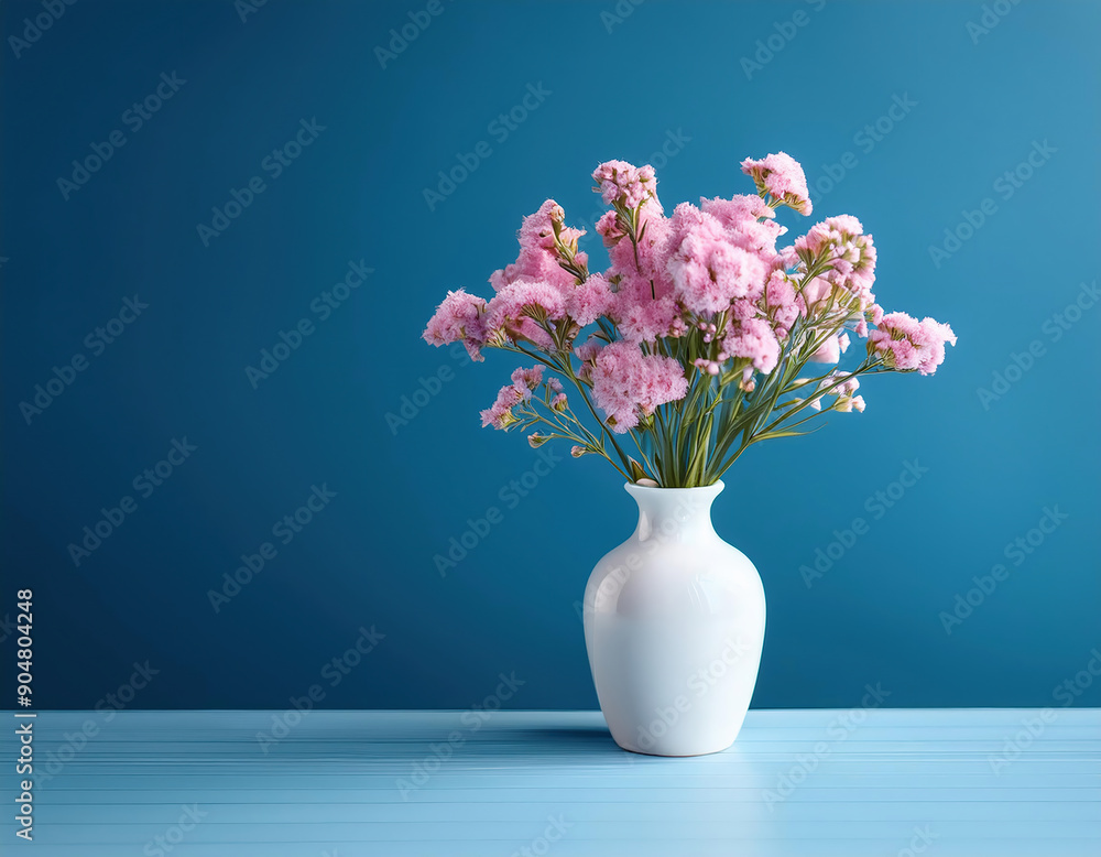 pink limonium sinuatum flowers in a simple white vase against blue background with copy space pink limonium sinuatum flowers in a simple white vase against blue background with copy space