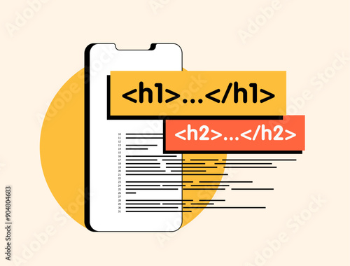 H1 and H2 seo tags - HTML header elements used to define main title of webpage. Seo header tags hierarchy with correct content organization. Modern illustration isolated on white background