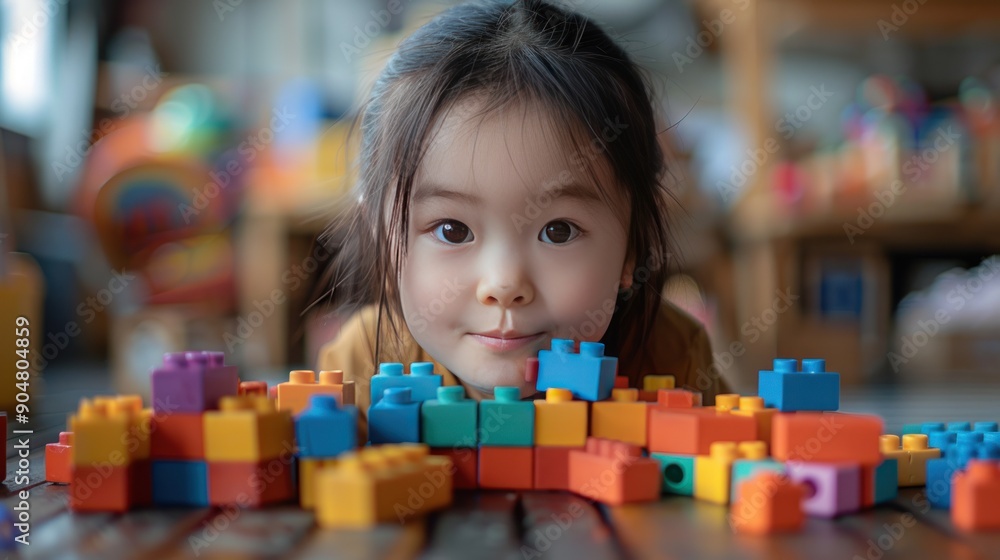 Young Girl Playing with Colorful Blocks Young Girl Playing with Colorful Blocks
