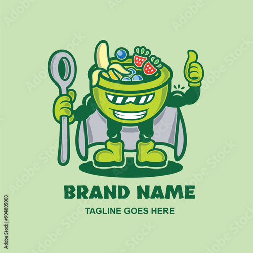 Vegetarian cartoon logo featuring a superhero with a variety of healthy fruits