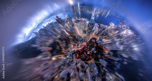 A panoramic view of Hong Kong, China, with skyscrapers and a body of water, viewed from a high angle. The image has been manipulated with radial blur for a unique effect.