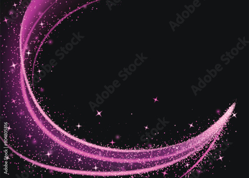 Magic pink light swirl isolated on black background. Vector realistic illustration of sparkling and shimmering neon color vortex, love spell effect, star dust glitter flying in night air, fairy trail