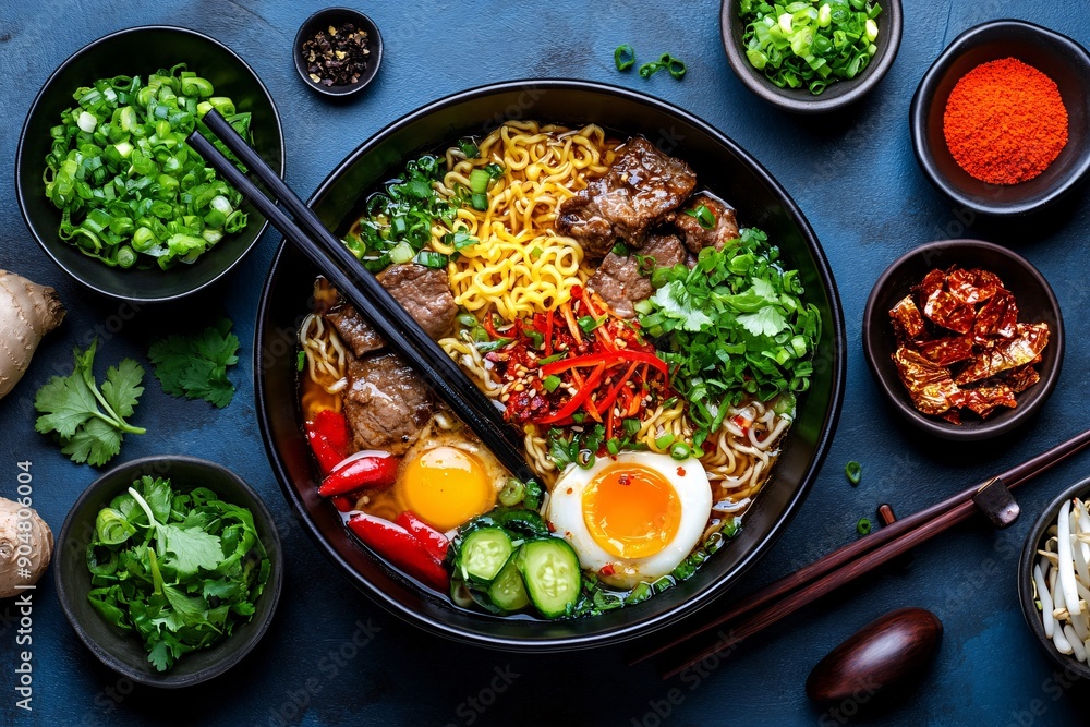 12. A flat lay of instant noodles with various toppings and condiments around, taken in bright, natural light 12. A flat lay of instant noodles with various toppings and condiments around, taken in bright, natural light