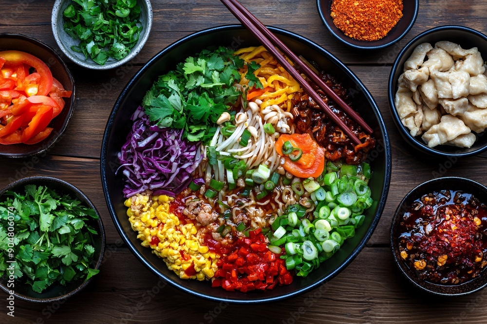 12. A flat lay of instant noodles with various toppings and condiments around, taken in bright, natural light 12. A flat lay of instant noodles with various toppings and condiments around, taken in bright, natural light