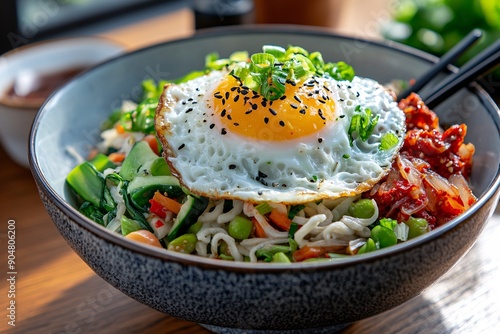 13. A bowl of instant noodles with a fried egg on top, served with a side of kimchi, in a sunlit kitchen photo