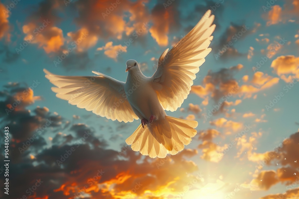 White dove flying at sunset White dove flying at sunset