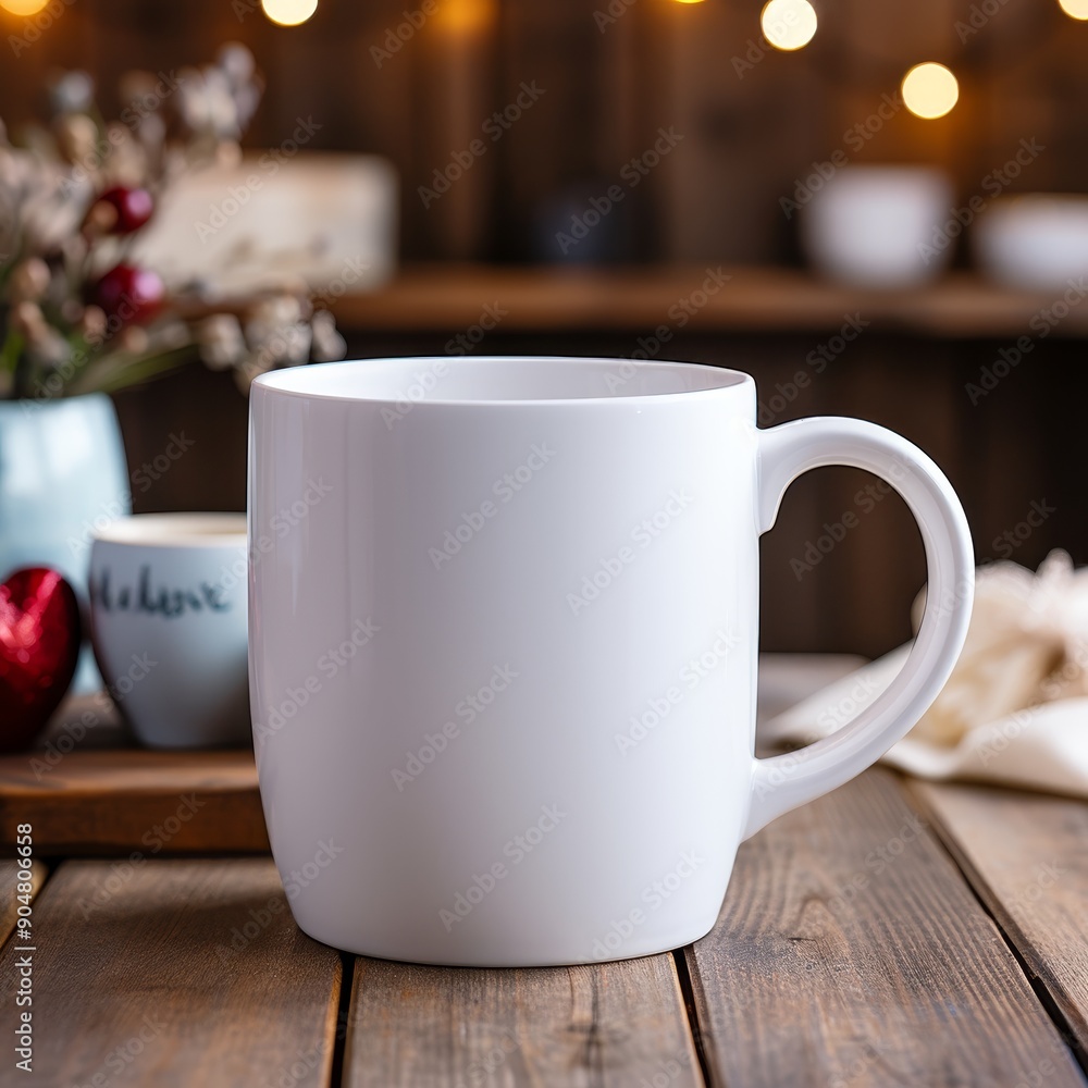 Fototapeta premium A simple white mug with a rounded handle sits on a wooden table. The mug is empty, ready for coffee or tea.