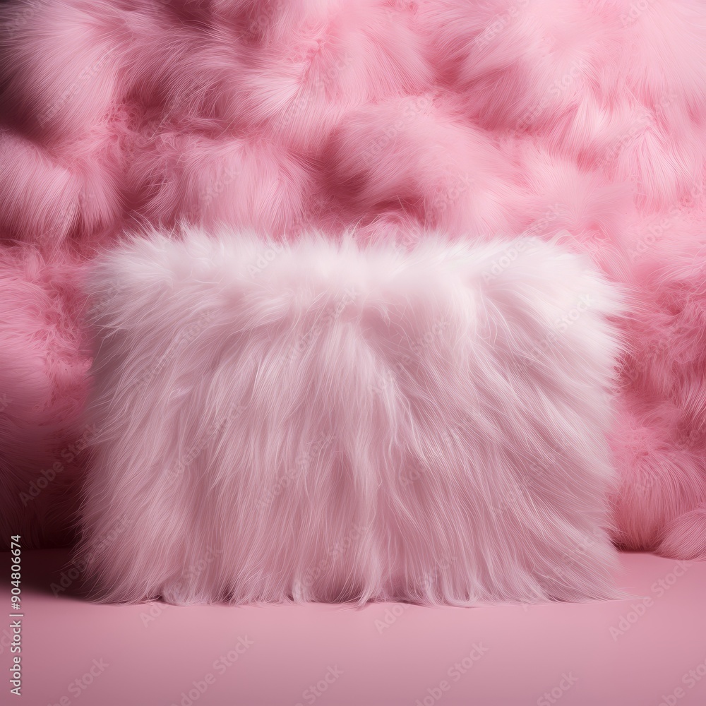 A soft pink faux fur throw pillow against a backdrop of fluffy pink fur. A soft pink faux fur throw pillow against a backdrop of fluffy pink fur.