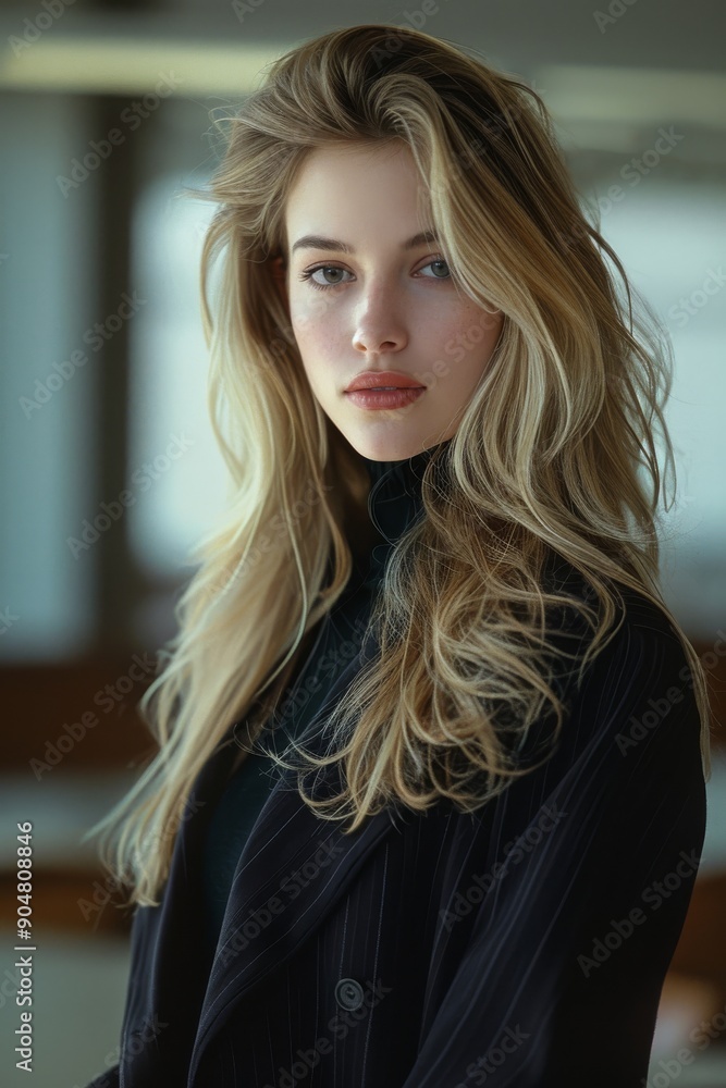 A blonde woman indoors wearing a black coat stands confidently against a light background, showcasing her natural beauty, serene demeanor, and modern style. A blonde woman indoors wearing a black coat stands confidently against a light background, showcasing her natural beauty, serene demeanor, and modern style.
