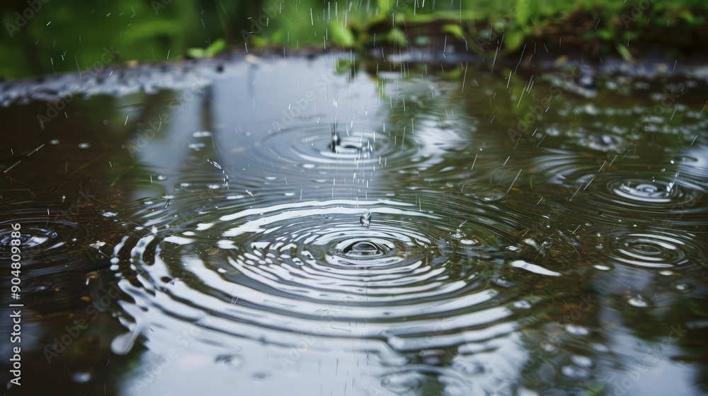 Fototapeta premium Raindrops Creating Ripples in a Puddle