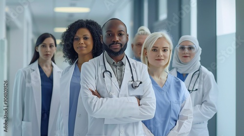 Diverse medical team posing for a group photo in a bright, modern clinic