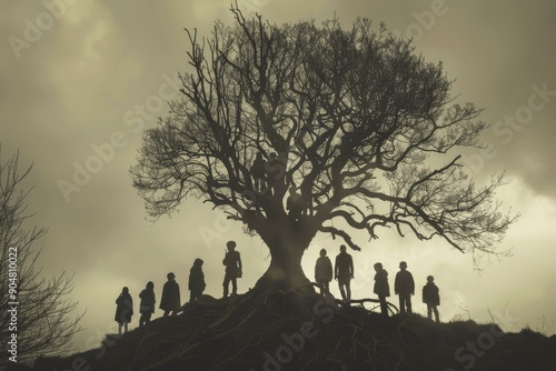 Several individuals are standing together on the upper branches of a tall tree, Family: like branches on a tree, we all grow in different directions yet our roots remain as one