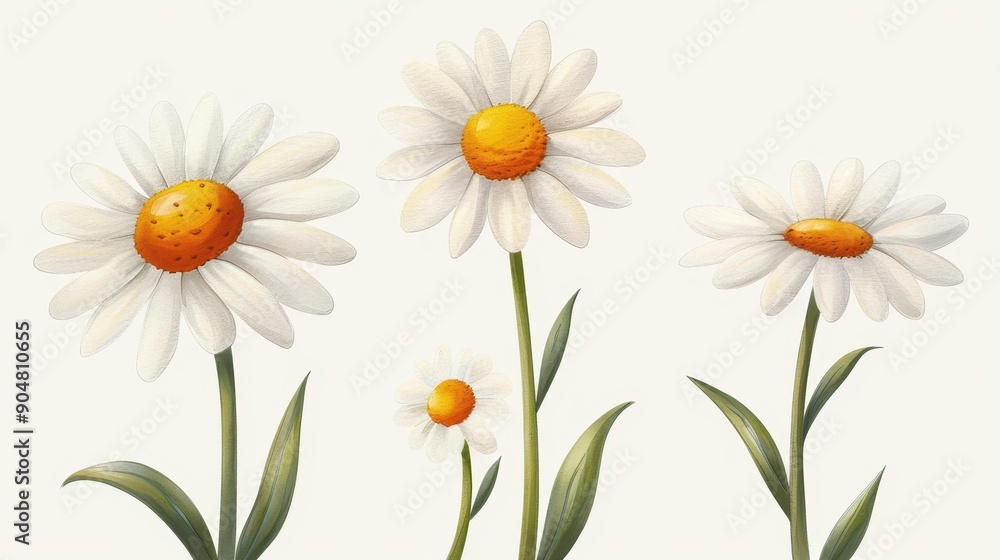 Obraz premium Beautiful watercolor daisies showcase vibrant colors and delicate details, perfect for design projects on a clean, soft background.