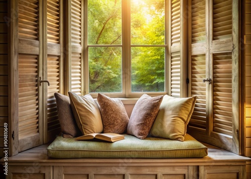 Cozy window seat with plush cushions and open book basks in soft light filtering through vintage shutters, exuding rustic charm in a serene home setting.