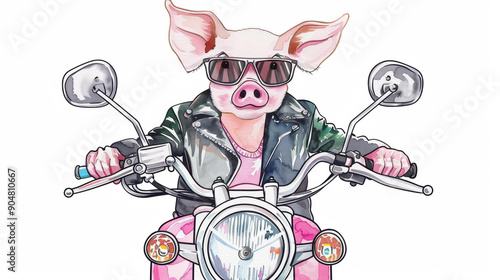 A whimsical watercolor illustration of a pig in a jacket riding a motorbike, perfect for funthemed merch photo