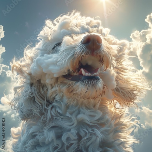 Whimsical image of a fluffy dog with cloud-like fur against a dreamy sky background, highlighting the surreal blend of nature and canine beauty. photo