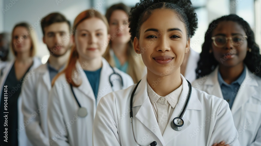 Group of multicultural healthcare workers standing together, all wearing lab coats and smiling. Group of multicultural healthcare workers standing together, all wearing lab coats and smiling.