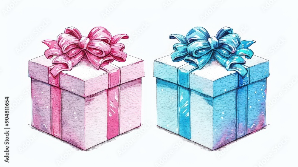 Colorful gift boxes with ribbons and bows, perfect for birthdays and holidays. Handdrawn watercolor art in pastel shades. Colorful gift boxes with ribbons and bows, perfect for birthdays and holidays. Handdrawn watercolor art in pastel shades.