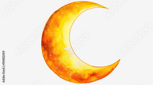 A serene half moon crescent in warm yellow watercolor, contrasting beautifully against a clean white canvas. photo