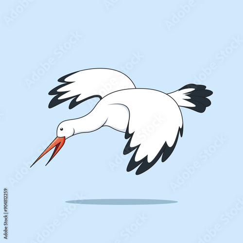 A cute stork is flying with both wings