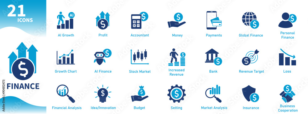 Naklejka premium Finance icons. Set of flat icons on business, money, development, growth, profit, artificial intelligence, budget, banking. Solid vector icon