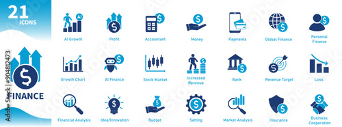Finance icons. Set of flat icons on business, money, development, growth, profit, artificial intelligence, budget, banking. Solid vector icon