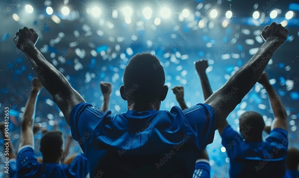 Soccer Football Championship. Blue Team Forward Attacks, Scores Goal, Win the Match, Players Happy, Celebrate Victory, Win Major League Cup. Sport Channel Broadcast Television Playback. Generative AI
