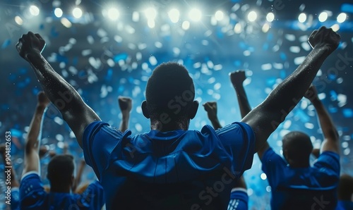 Obraz na płótnie Soccer Football Championship. Blue Team Forward Attacks, Scores Goal, Win the Match, Players Happy, Celebrate Victory, Win Major League Cup. Sport Channel Broadcast Television Playback. Generative AI w salonie