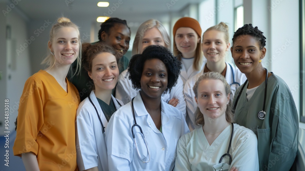 Happy healthcare professionals of different ages and backgrounds posing together in a hospital ward. Happy healthcare professionals of different ages and backgrounds posing together in a hospital ward.