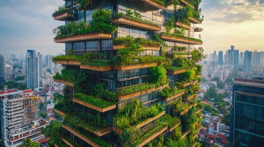 Obraz premium Vertical Garden Skyscraper in Urban Cityscape with Lush Greenery and Modern Architecture