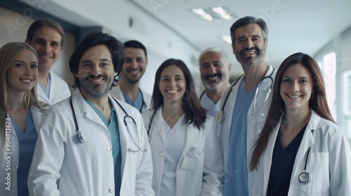 Happy healthcare team, including both men and women, posing together in a hospital