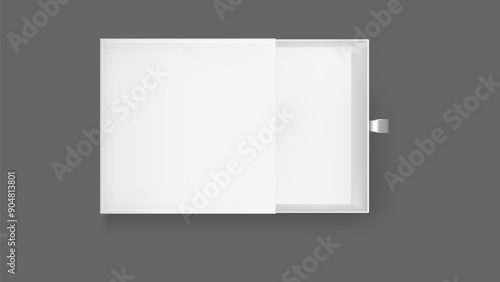 White open slide box mock up. Small square empty drawer paper gift package top view. Realistic sleeve wrapper with ribbon mockup. Product presentation render for clear elegant matchstick.