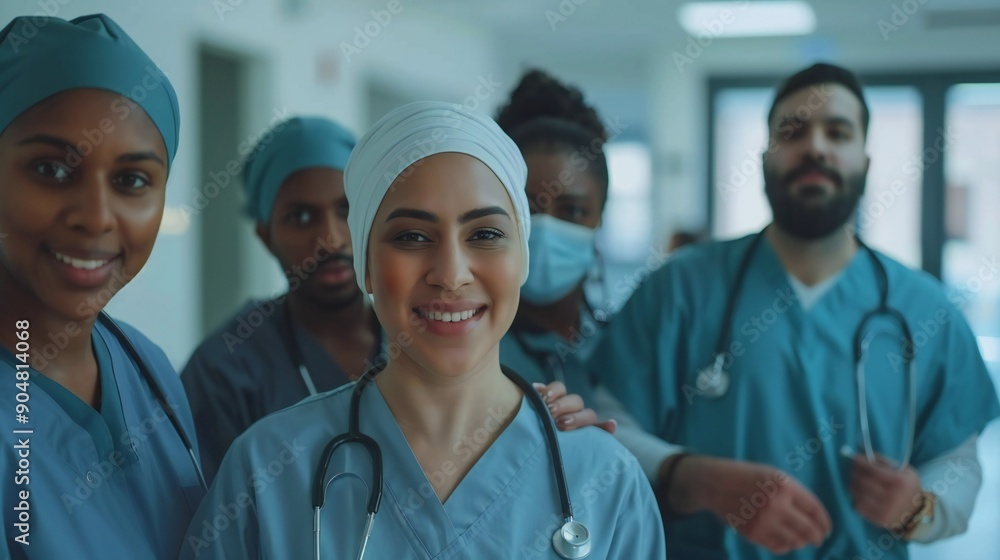 Happy healthcare workers, including men and women of different ethnicities, posing together Happy healthcare workers, including men and women of different ethnicities, posing together