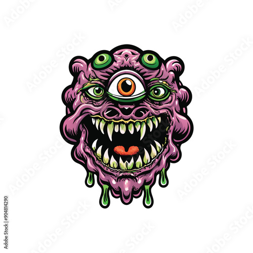 Illustrate a vector representation of a monstrous cyclops with three eyes and a gaping maw.