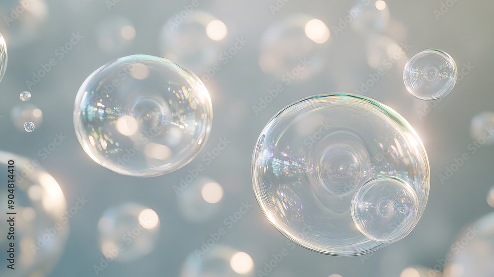 Clear, 3D bubbles float through the air, gently bumping into each other with a soft glow against a grayish backdrop. Clear, 3D bubbles float through the air, gently bumping into each other with a soft glow against a grayish backdrop.