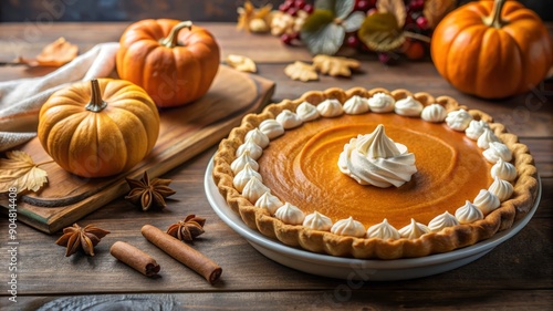 Pumpkin Pie with Whipped Cream and Autumn Decorations.