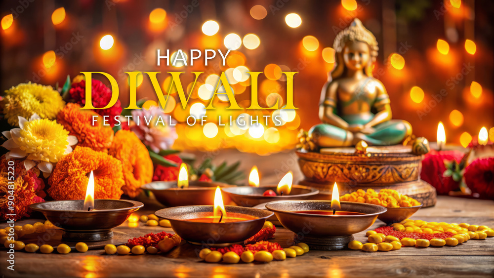 Happy Diwali, Festival of Lights, Diya, Candles, Flowers, Buddha Statue Happy Diwali, Festival of Lights, Diya, Candles, Flowers, Buddha Statue