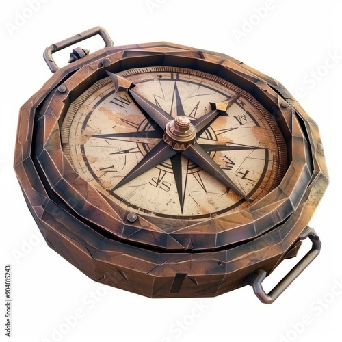 3D Render, Low Poly style of a time-worn compass, on isolated white background, Generative AI