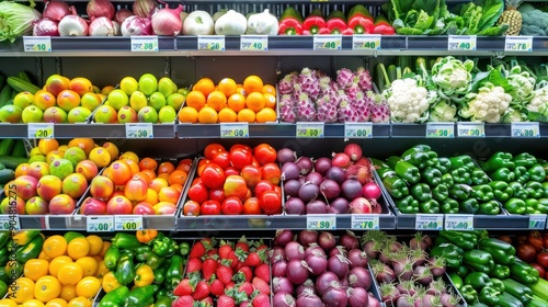 Fruit and vegetable section in a supermarket with price tags and labels.