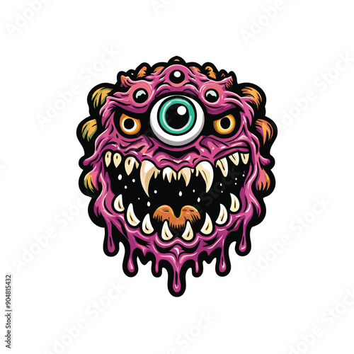 Illustrate a vector representation of a monstrous creature with a single large eye, sharp teeth, and dripping slime.