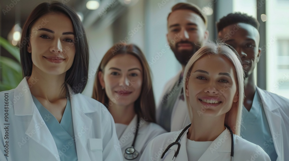 Healthcare team, including men and women from different backgrounds, posing cheerfully together Healthcare team, including men and women from different backgrounds, posing cheerfully together