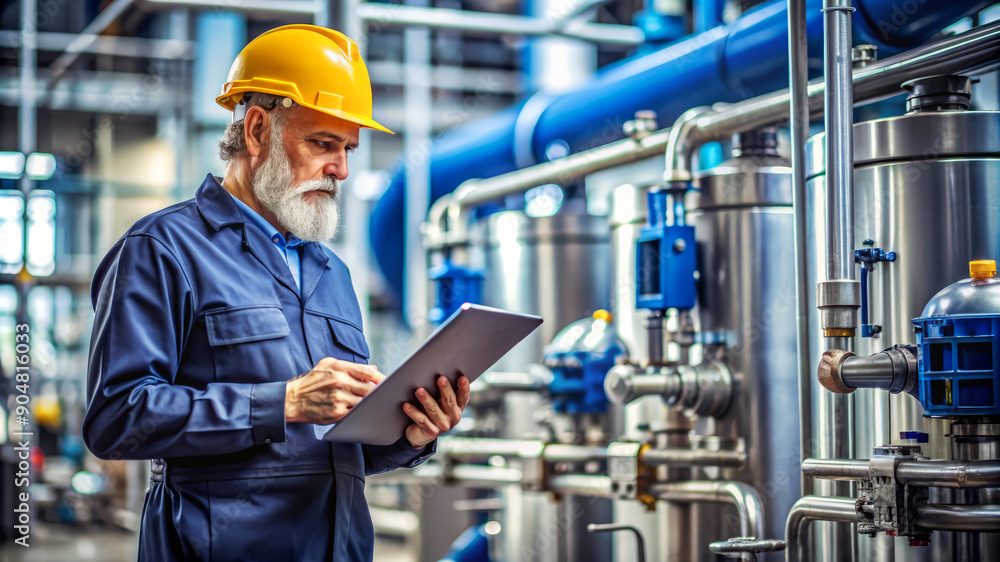 Senior Engineer Using Digital Tablet in Industrial Facility. Senior Engineer Using Digital Tablet in Industrial Facility.