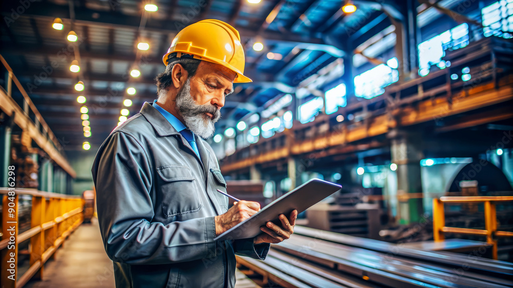 Industrial Worker Taking Notes on Tablet. Industrial Worker Taking Notes on Tablet.