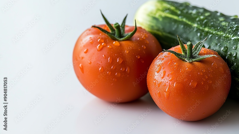 Fresh cucumbers and tomatoes captured up close, set against a white backdrop Fresh cucumbers and tomatoes captured up close, set against a white backdrop