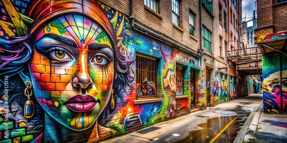 Fototapeta premium Colorful Graffiti Mural in a Narrow Alleyway with Brick Walls and a Puddled Pavement