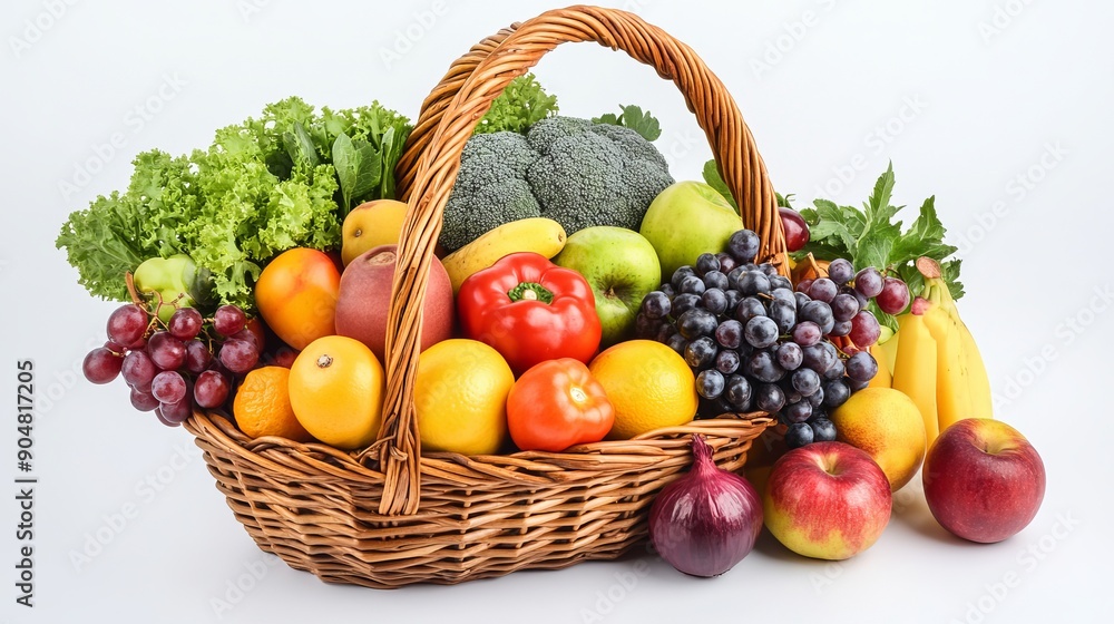 Fresh fruits and vegetables in a basket on a white background. Fresh fruits and vegetables in a basket on a white background.