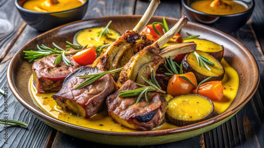 Savory grilled lamb chop paired with roasted vegetables and yellow curry sauce, garnished with fragrant rosemary, beautifully presented on a sleek black plate. Savory grilled lamb chop paired with roasted vegetables and yellow curry sauce, garnished with fragrant rosemary, beautifully presented on a sleek black plate.