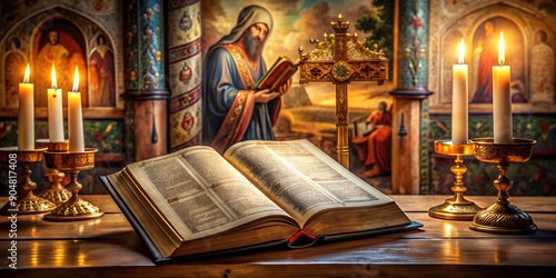 Open Bible with Burning Candles on a Wooden Table in a Church Setting